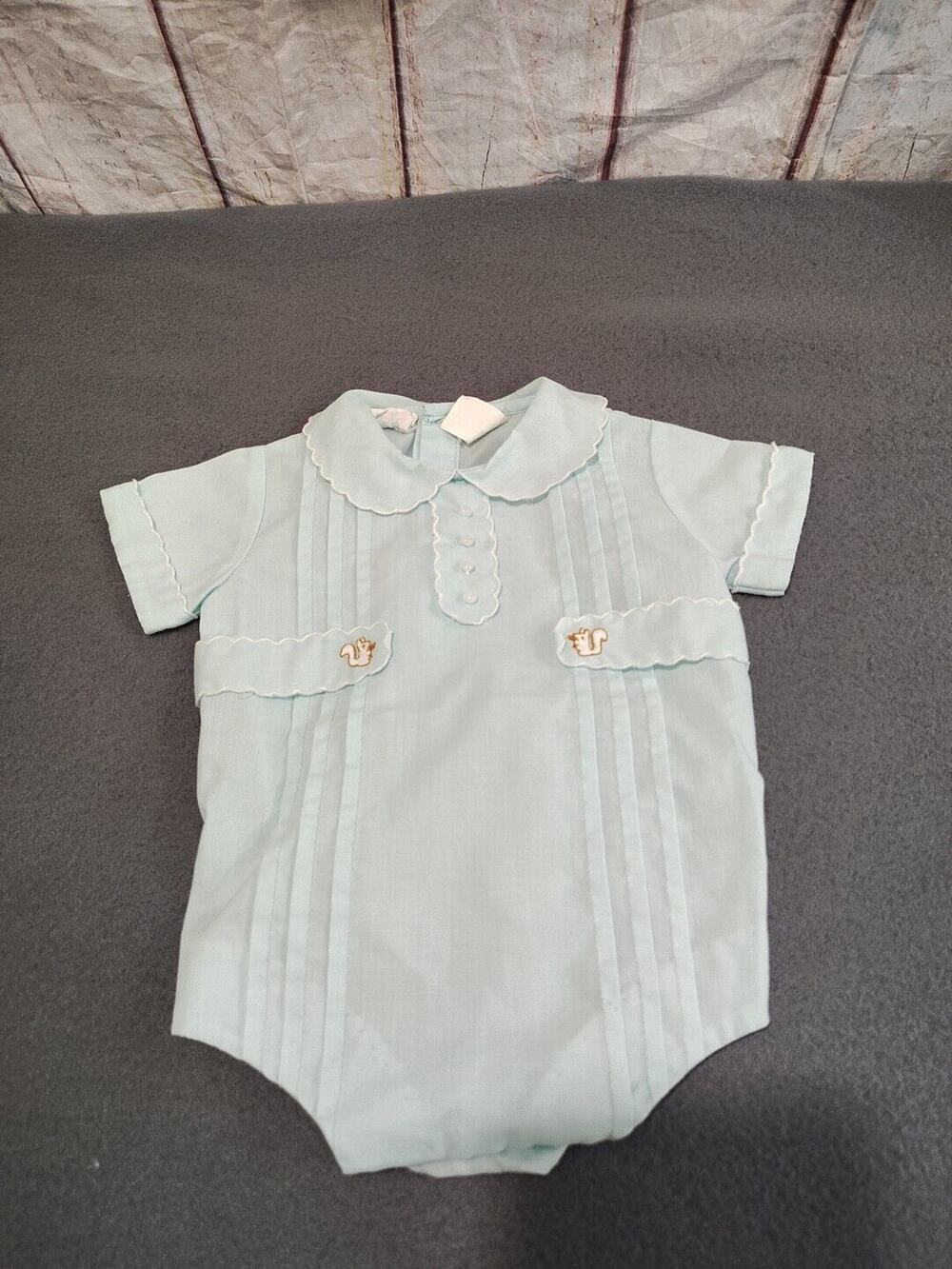 VTG Nannekins Romper Size 0-3 Months Seafoam Green Blue Squirrels